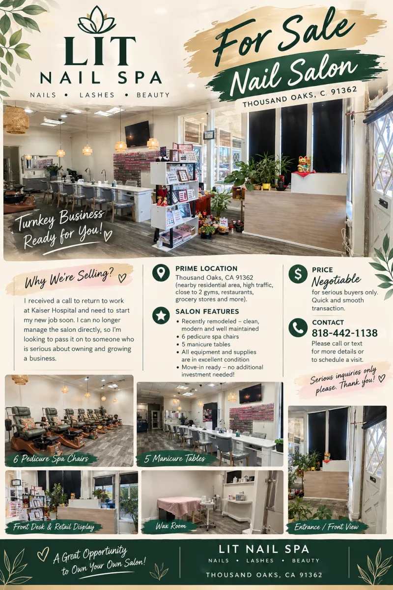 SANG GẤP TIỆM NAIL KHU MỸ TRẮNG GIÀU CÓ – THOUSAND OAKS, CA 91362 (VENTURA COUNTY)