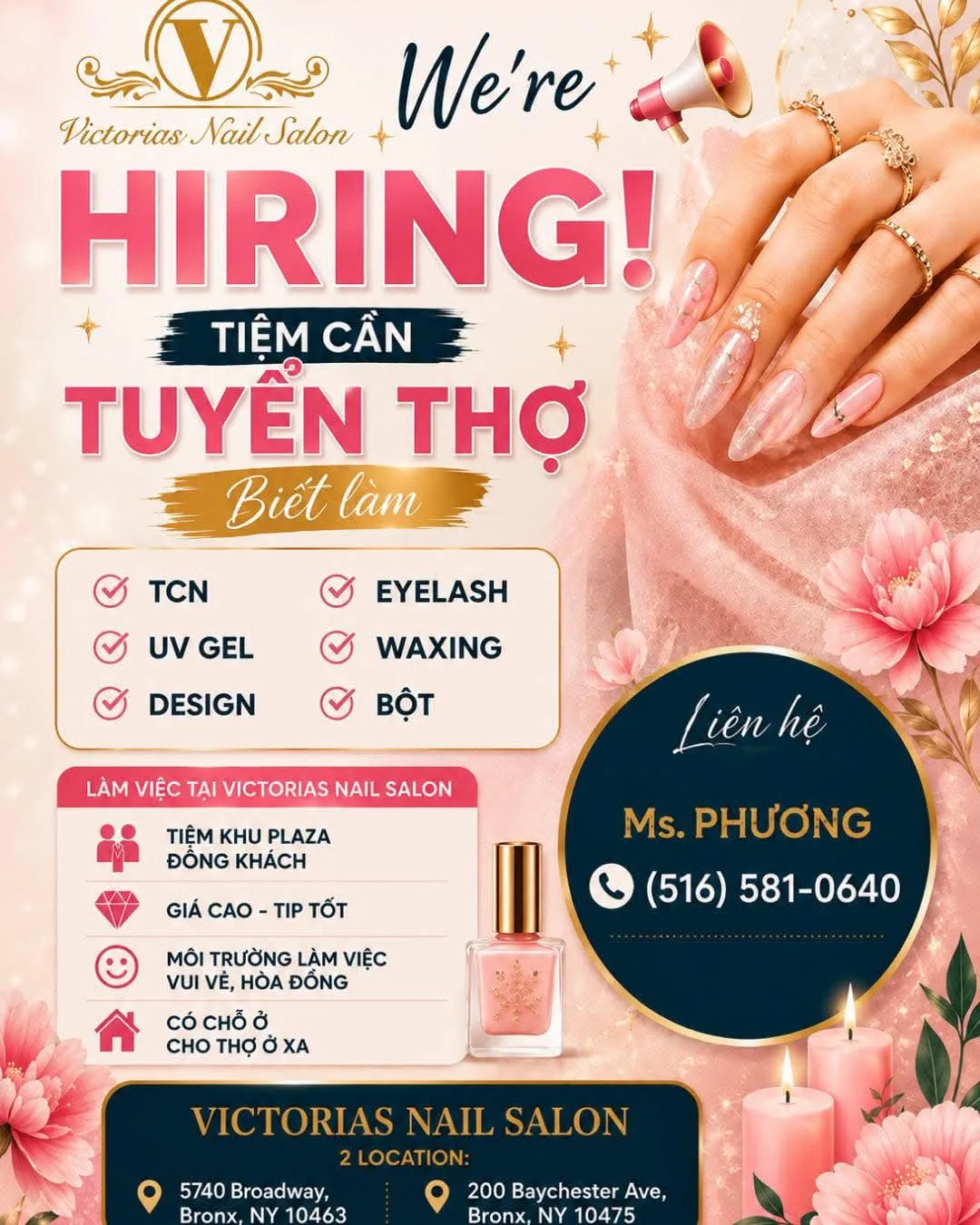 CẦN GẤP MANAGER & TUYỂN THỢ NAIL – LƯƠNG CAO, TIP HẬU
