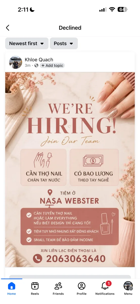 TUYỂN THỢ NAIL – WEBSTER, TEXAS