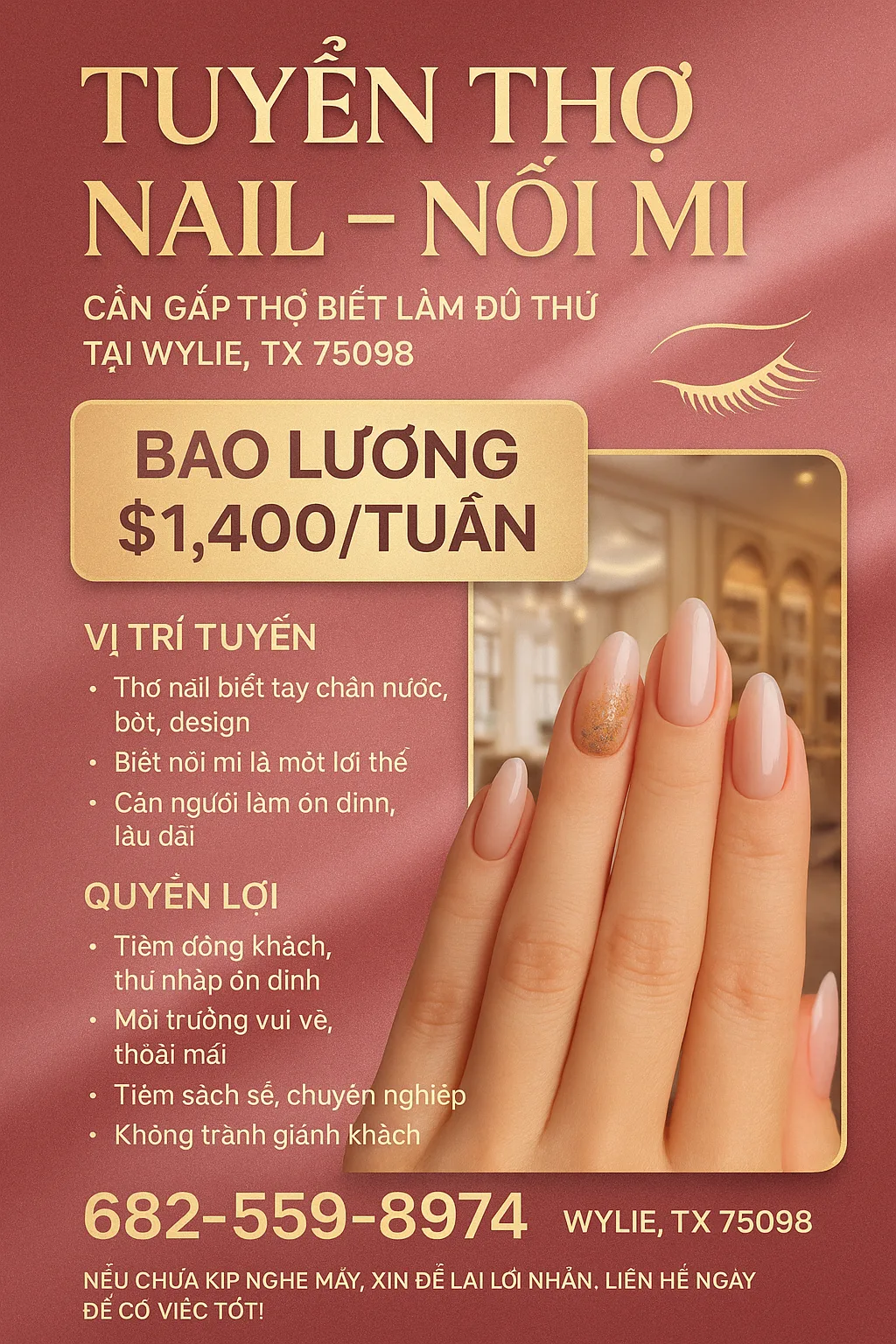 TUYỂN THỢ NAIL – NỐI MI WYLIE, TX 75098