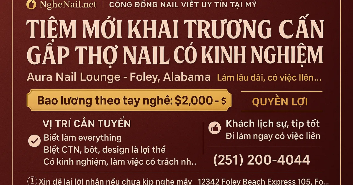 TIỆM MỚI KHAI TRƯƠNG – CẦN GẤP NHIỀU THỢ NAIL CÓ KINH NGHIỆM