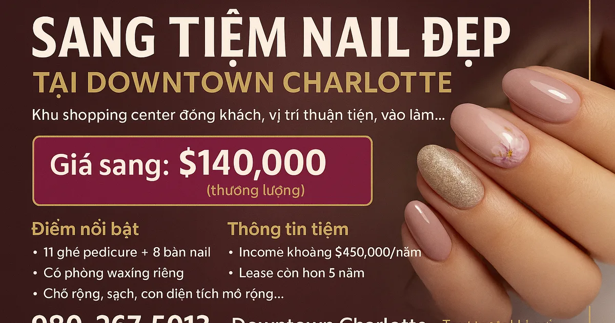 Tiệm nail rộng đẹp ngay Downtown Charlotte, khu shopping center đông khách.