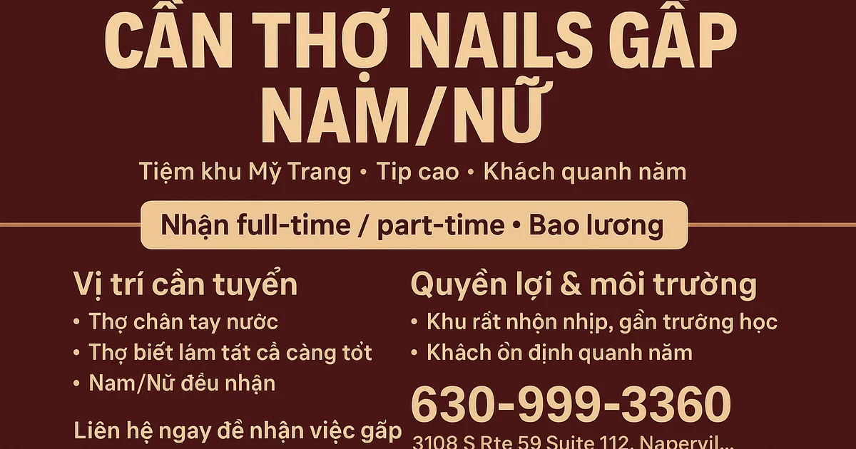 Cần Thợ  nails Gấp Nam/Nữ