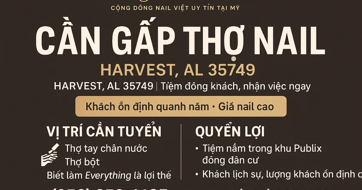 CẦN GẤP THỢ NAIL – HARVEST, AL 35749