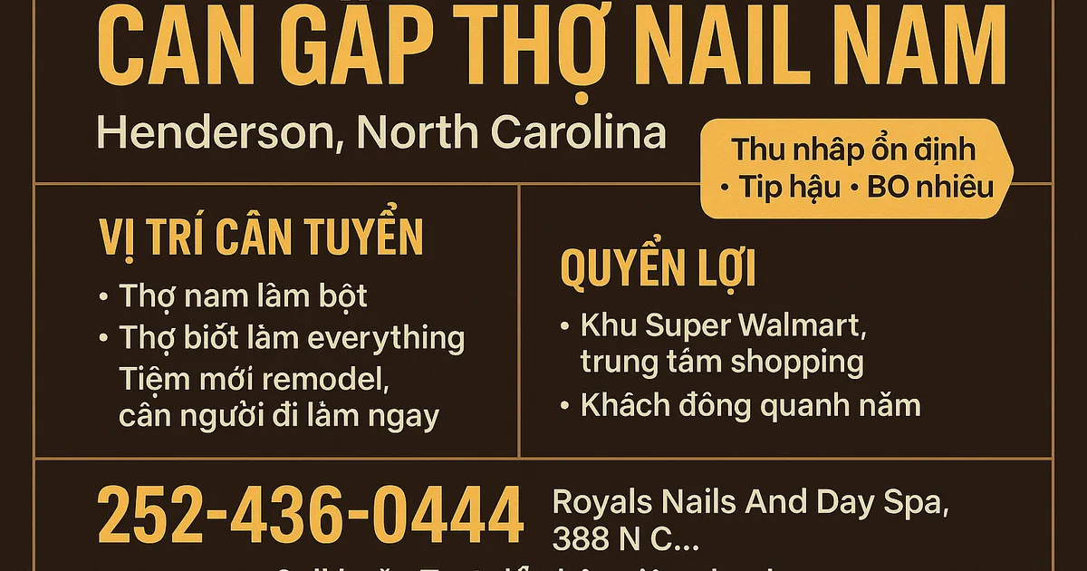CẦN GẤP THỢ NAIL NAM – HENDERSON, NORTH CAROLIN
