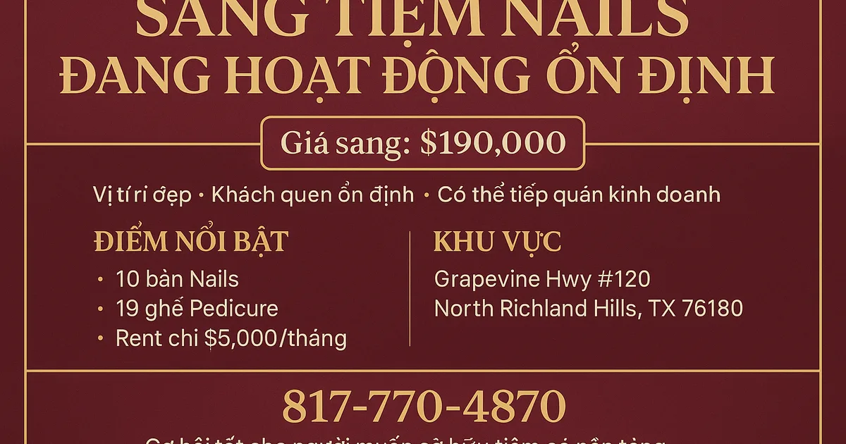 Cơ Hội Sở Hữu Tiệm Nails Đang Hoạt Động Ổn Định – North Richland Hills, TX
