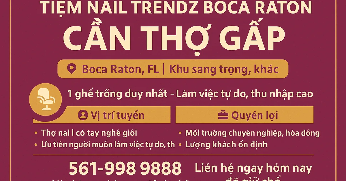 TIỆM NAIL TRENDZ BOCA RATON CẦN THỢ GẤP – CƠ HỘI LÀM CHỦ CHÍNH MÌNH