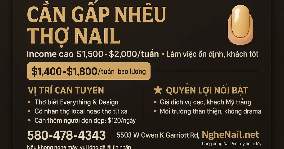CẦN GẤP NHIỀU THỢ NAIL – INCOME $1,500–$2,000/TUẦN!