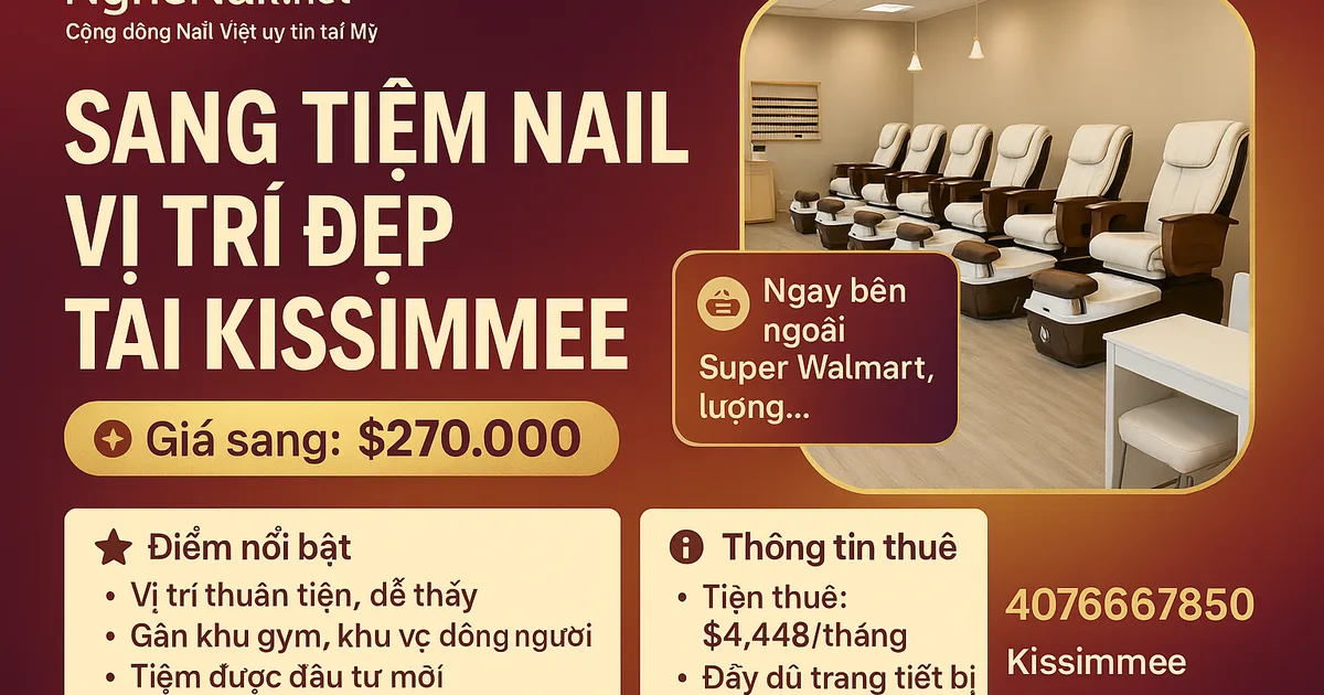 SANG TIỆM NAIL – VỊ TRI ĐẸP TẠI KISSIMMEE. Gia $270.000