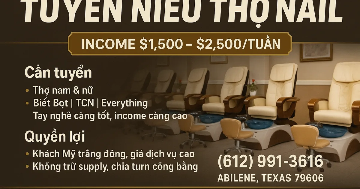 TUYỂN NHIỀU THỢ NAIL – ABILENE, TEXAS 79606